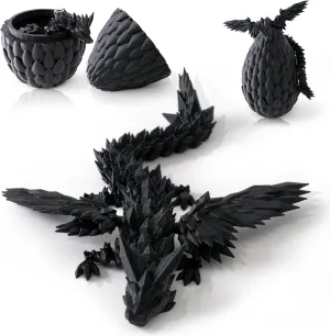 3D Printed Dragon in Egg - Articulated Flying Crystal Dragon Fidget Toy - Flexible Executive Desk Toy for Home Office Decor (Black Wing)