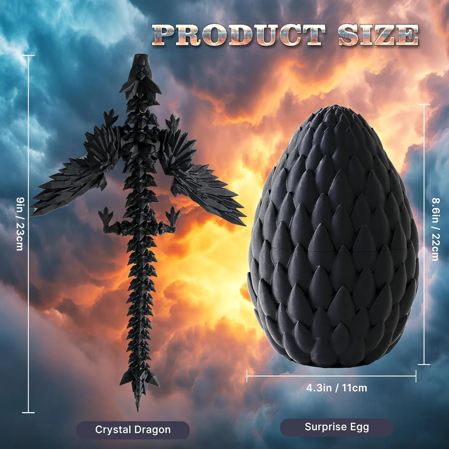 3D Printed Dragon in Egg - Articulated Flying Crystal Dragon Fidget Toy - Flexible Executive Desk Toy for Home Office Decor (Black Wing)