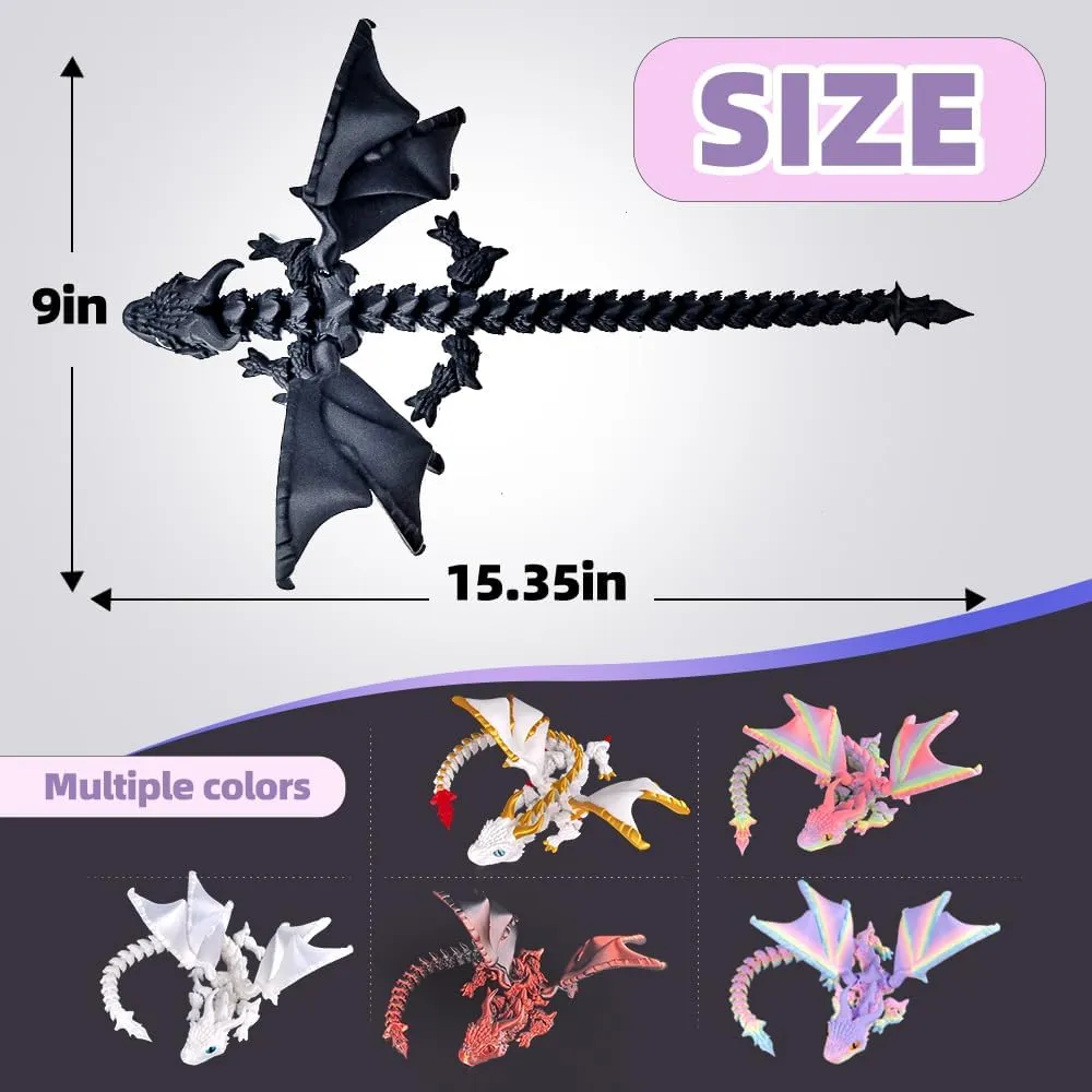 3D Printed Dragon with Wings,3D Printed Animals Toys, Fidget Dragon Toys, Flexible Articulated Winged Crystal Dragon Model,Desktop Pet Deco (Matte-Black)