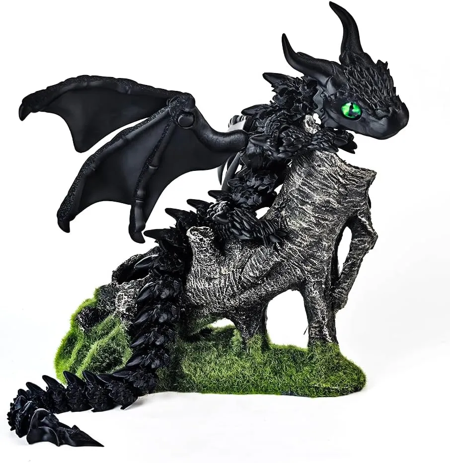 3D Printed Dragon with Wings,3D Printed Animals Toys, Fidget Dragon Toys, Flexible Articulated Winged Crystal Dragon Model,Desktop Pet Deco (Matte-Black)