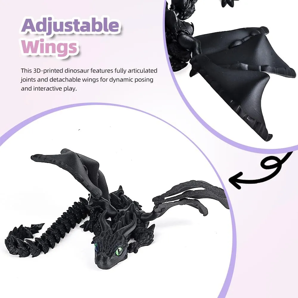 3D Printed Dragon with Wings,3D Printed Animals Toys, Fidget Dragon Toys, Flexible Articulated Winged Crystal Dragon Model,Desktop Pet Deco (Matte-Black)