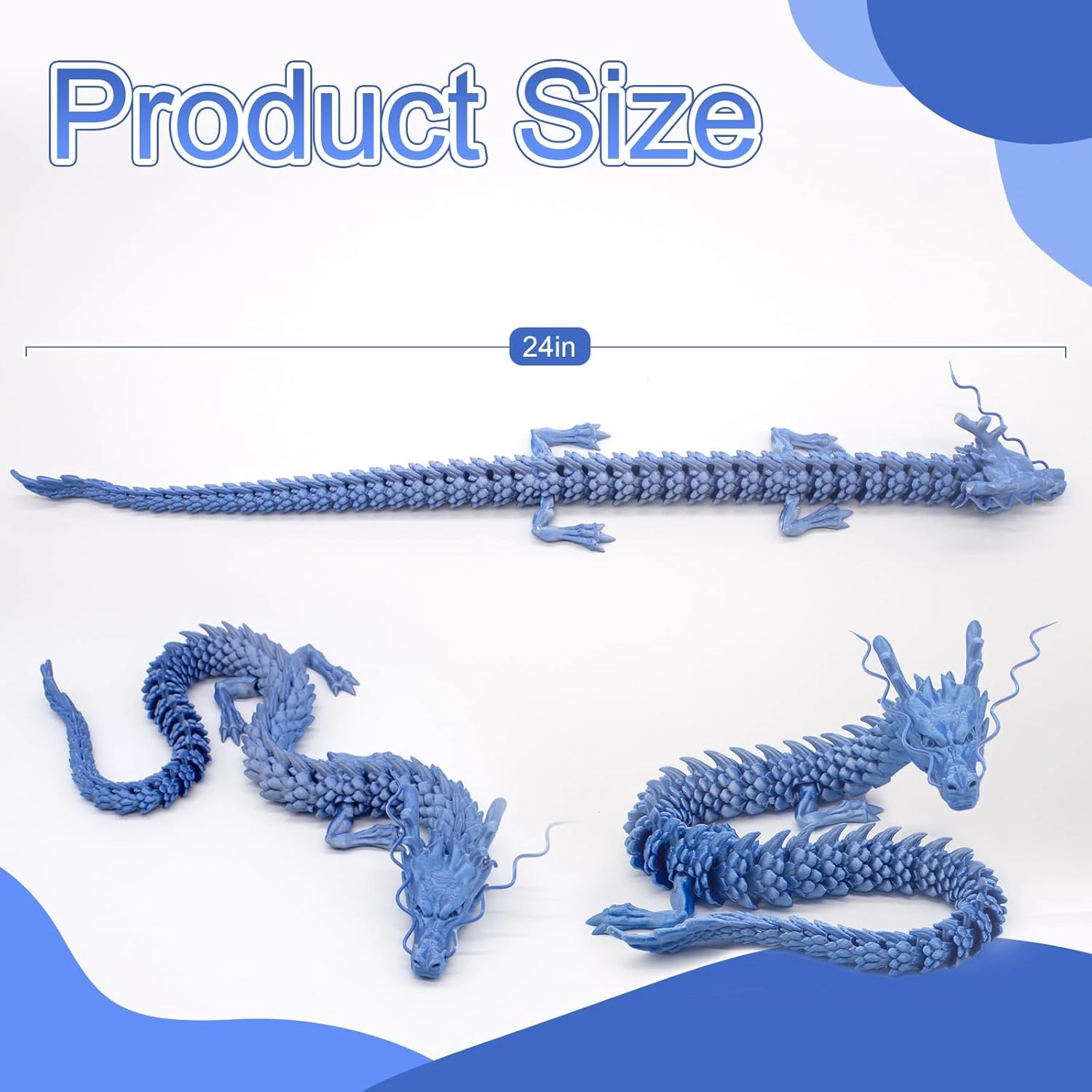 3D Printed Articulated Dragon - 24-inch Movable Sensory Fidget Toy for ADHD & Anxiety Relief, Gift for Dragon Lovers, Home Office Desk Decor (Blue)
