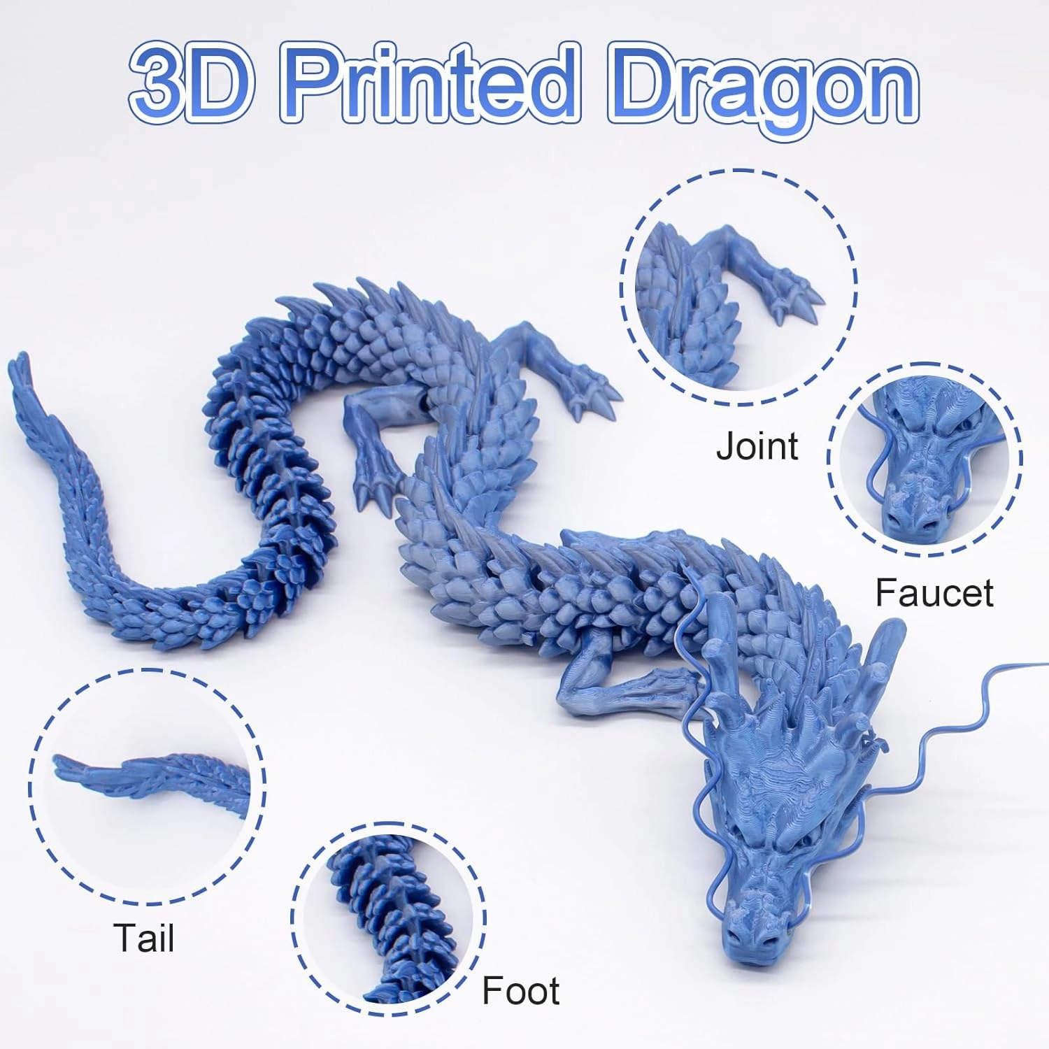 3D Printed Articulated Dragon - 24-inch Movable Sensory Fidget Toy for ADHD & Anxiety Relief, Gift for Dragon Lovers, Home Office Desk Decor (Blue)