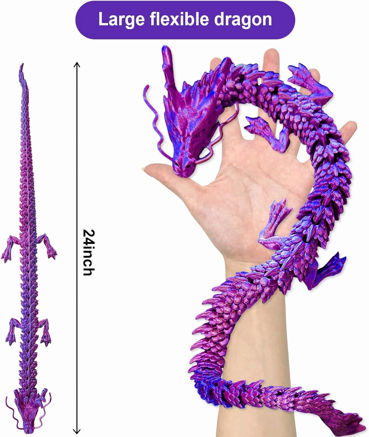 3D Printed Dragon, 24 Inch Reinforcement of Unbreakable 3D Dragon, Flexible Articulated Dragon Toys for Autism/ADHD,Home Office Decor Executive Desk Toy, Purple