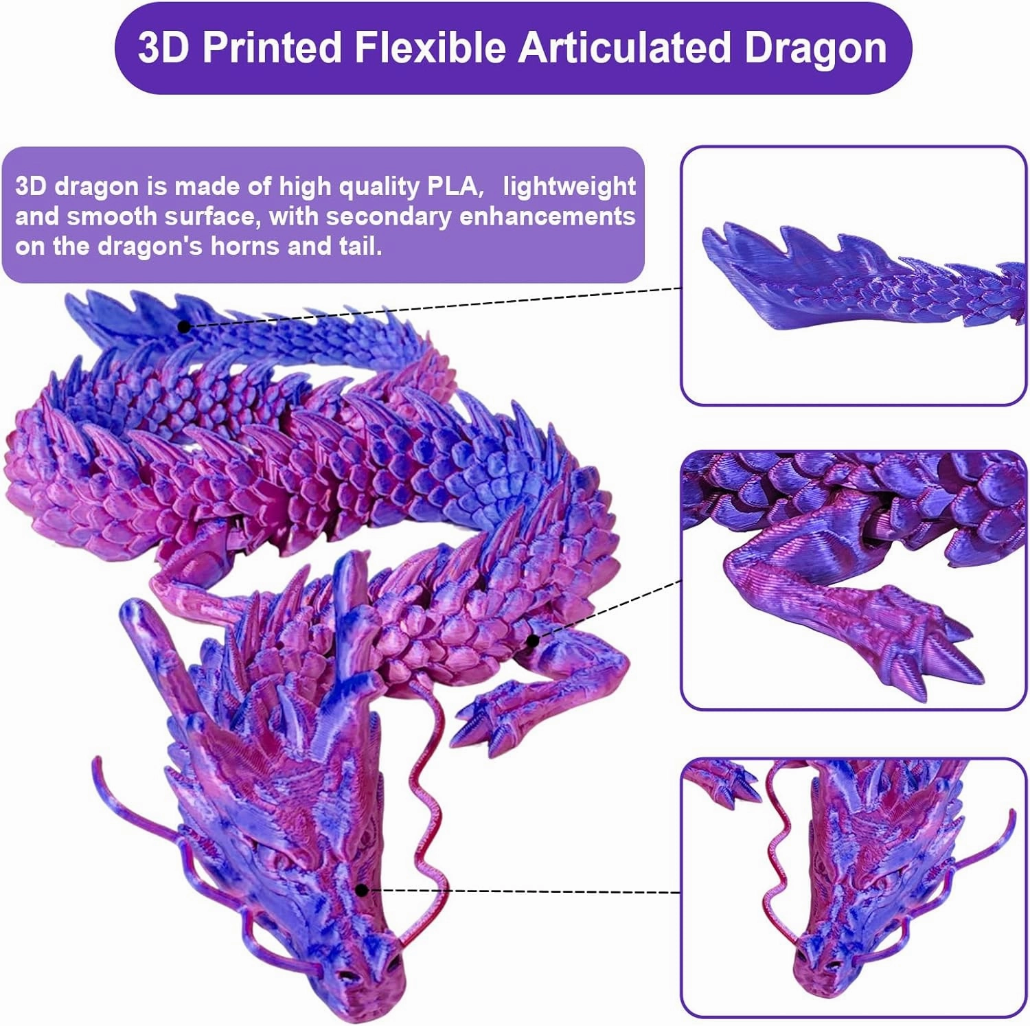 3D Printed Dragon, 24 Inch Reinforcement of Unbreakable 3D Dragon, Flexible Articulated Dragon Toys for Autism/ADHD,Home Office Decor Executive Desk Toy, Purple