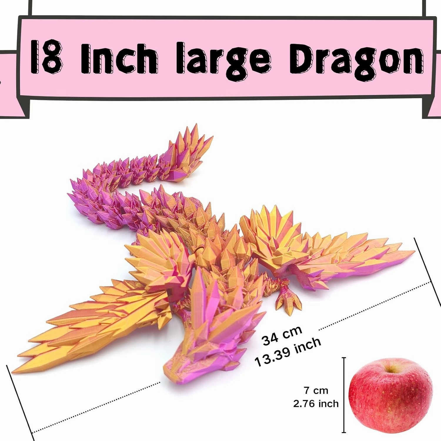 3D Printed Dragon - 18 inch Flying Flexible Dragon with Wings, Home Decor, Birthday Gift, Desk Pet (Pink Gold)