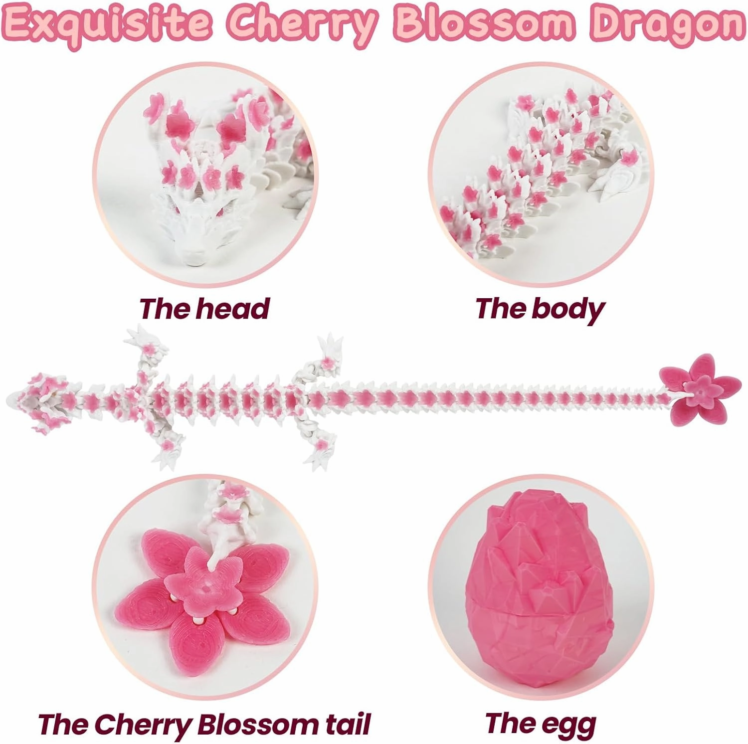 3D Printed Dragon Eggs with Dragon Inside 11.8 in Cherry Blossom Fidget Toy Adults, Desk Décor and Collectible Desk Toys Easter Basket Stuffers