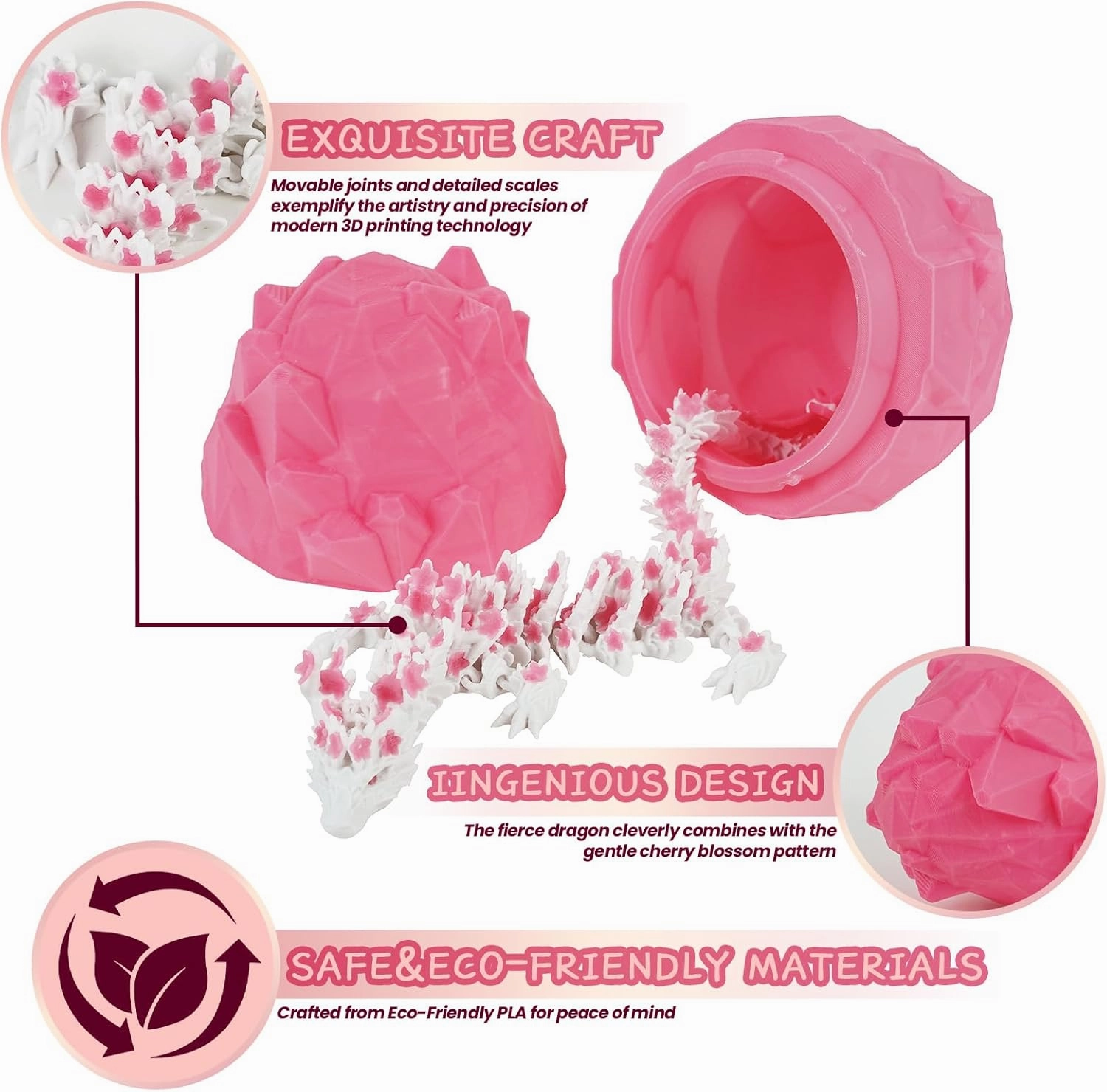 3D Printed Dragon Eggs with Dragon Inside 11.8 in Cherry Blossom Fidget Toy Adults, Desk Décor and Collectible Desk Toys Easter Basket Stuffers