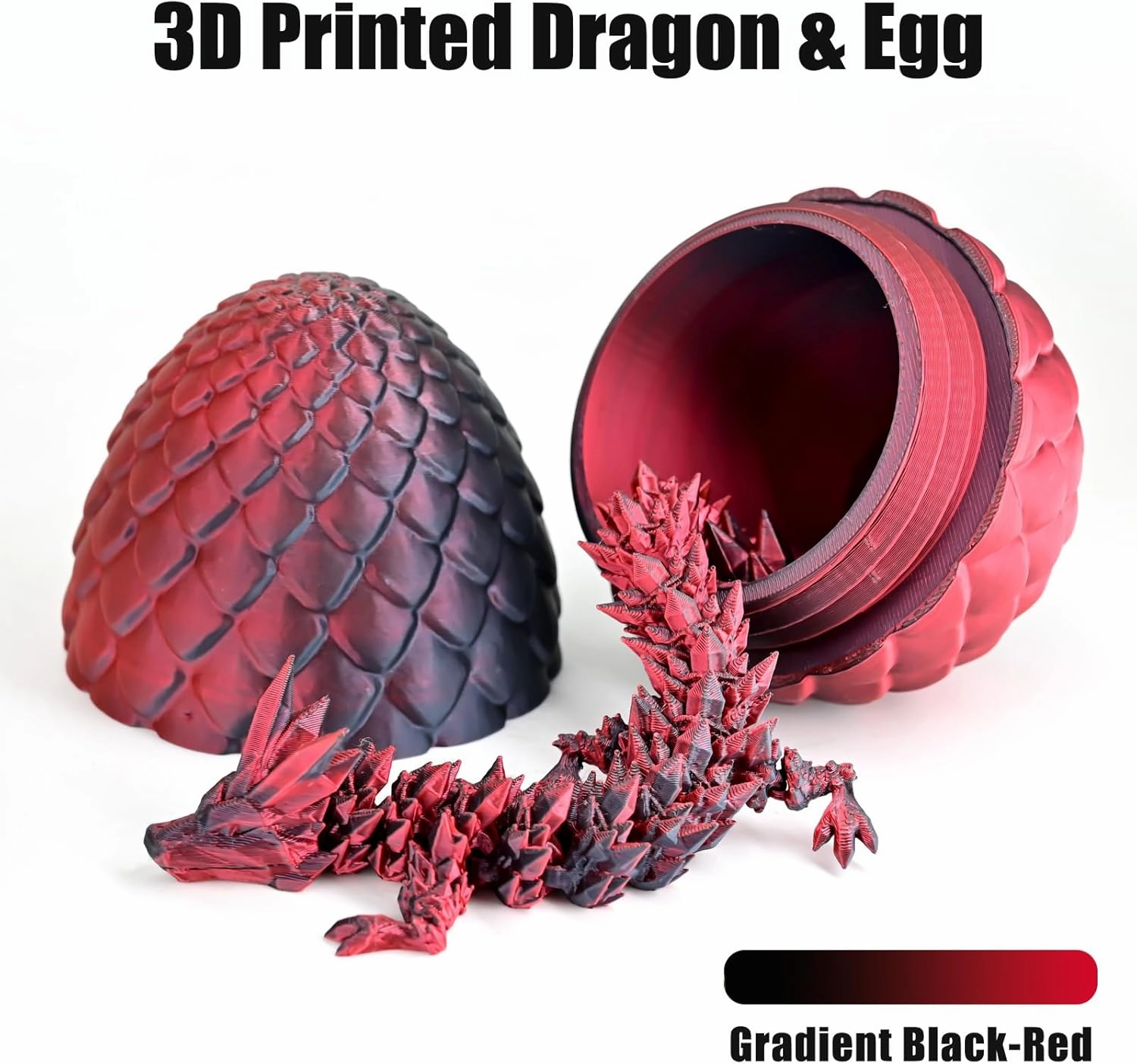 3D Printed Dragon Eggs with Dragon Inside, Articulated 3D Dragon Toys with 3D Dragon Eggs, Crystal Dragon Black Red