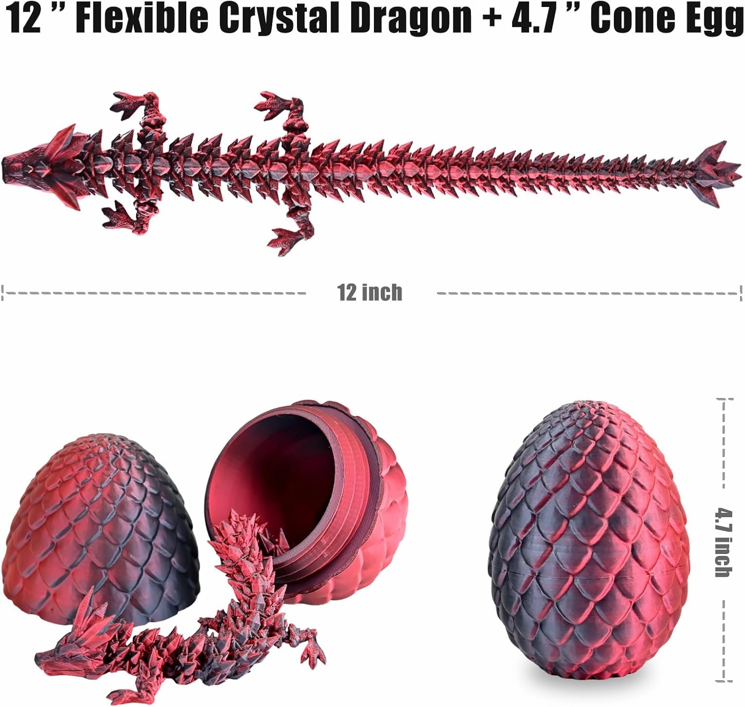3D Printed Dragon Eggs with Dragon Inside, Articulated 3D Dragon Toys with 3D Dragon Eggs, Crystal Dragon Black Red