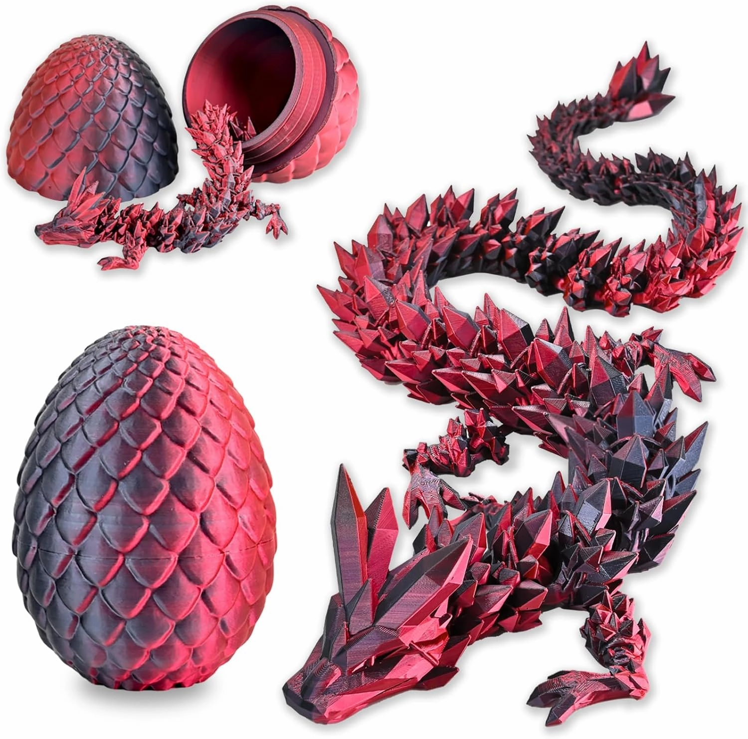 3D Printed Dragon Eggs with Dragon Inside, Articulated 3D Dragon Toys with 3D Dragon Eggs, Crystal Dragon Black Red