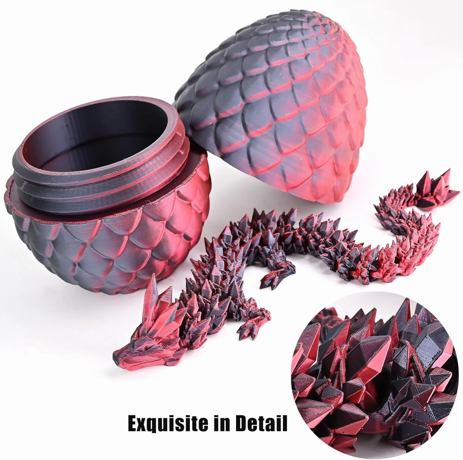 3D Printed Dragon Eggs with Dragon Inside, Articulated 3D Dragon Toys with 3D Dragon Eggs, Crystal Dragon Black Red