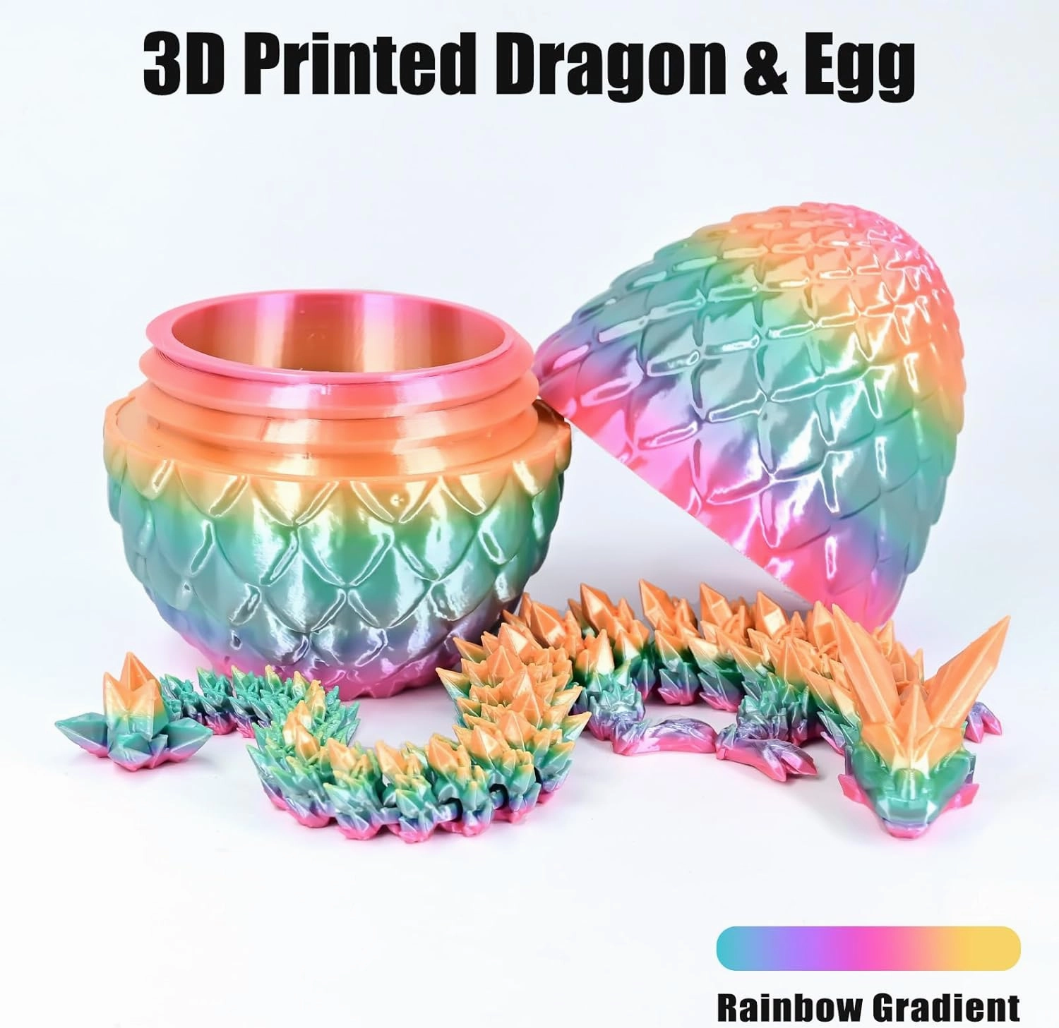 3D Printed Dragon Eggs with Dragon Inside, Rainbow Articulated 3D Dragon Toys with 3D Dragon Eggs, Crystal Dragon, Rainbow
