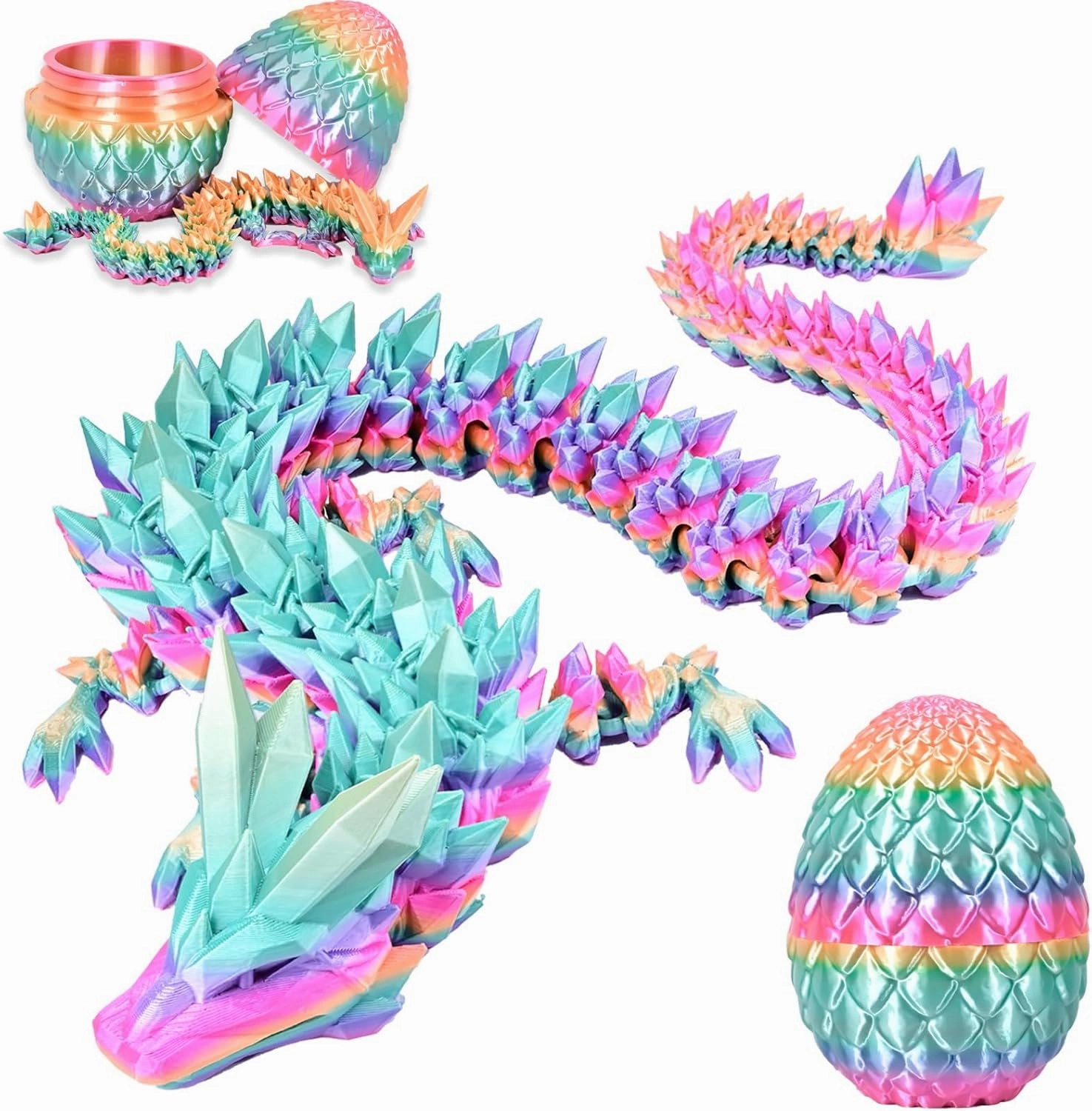 3D Printed Dragon Eggs with Dragon Inside, Rainbow Articulated 3D Dragon Toys with 3D Dragon Eggs, Crystal Dragon, Rainbow