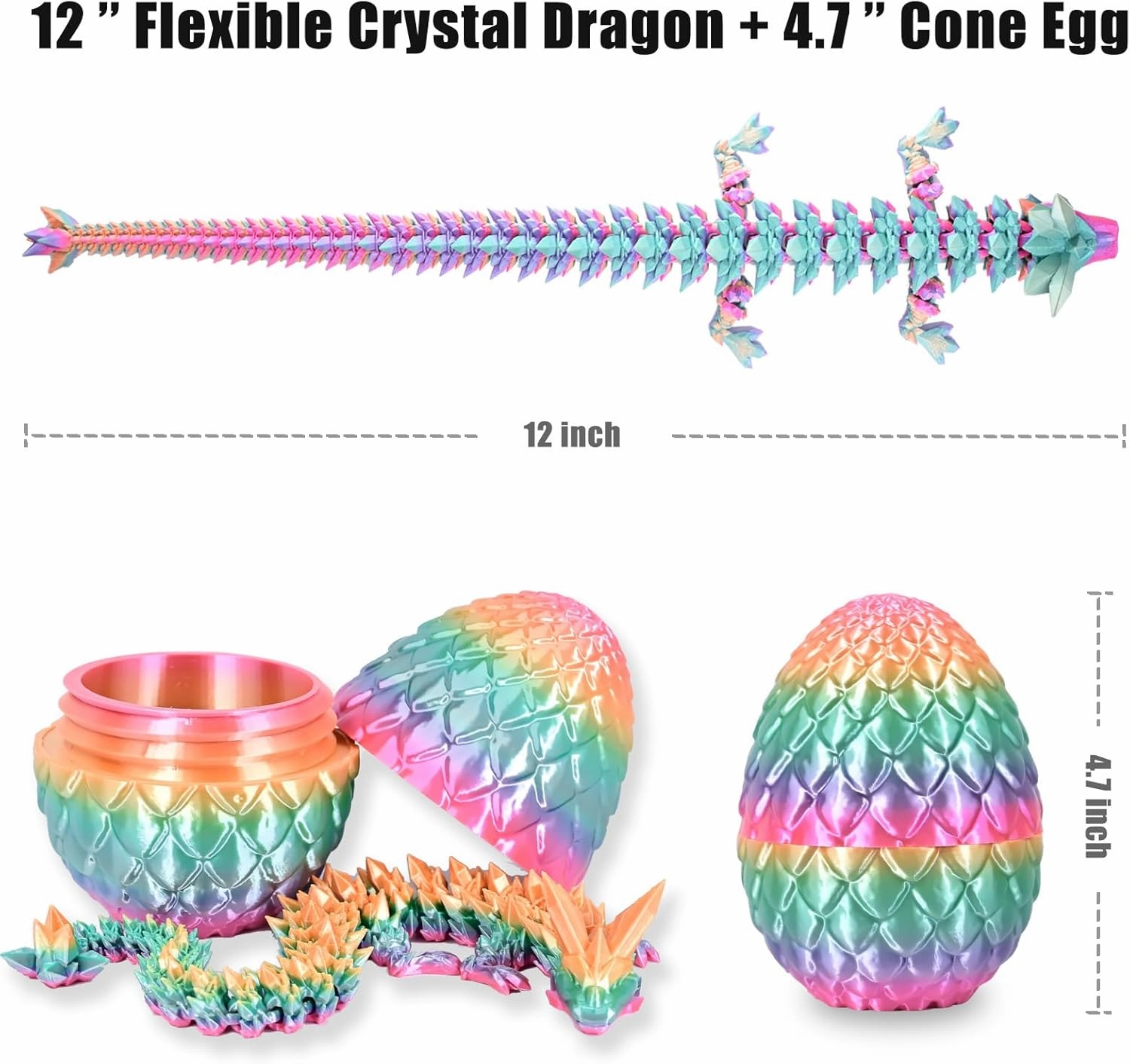 3D Printed Dragon Eggs with Dragon Inside, Rainbow Articulated 3D Dragon Toys with 3D Dragon Eggs, Crystal Dragon, Rainbow