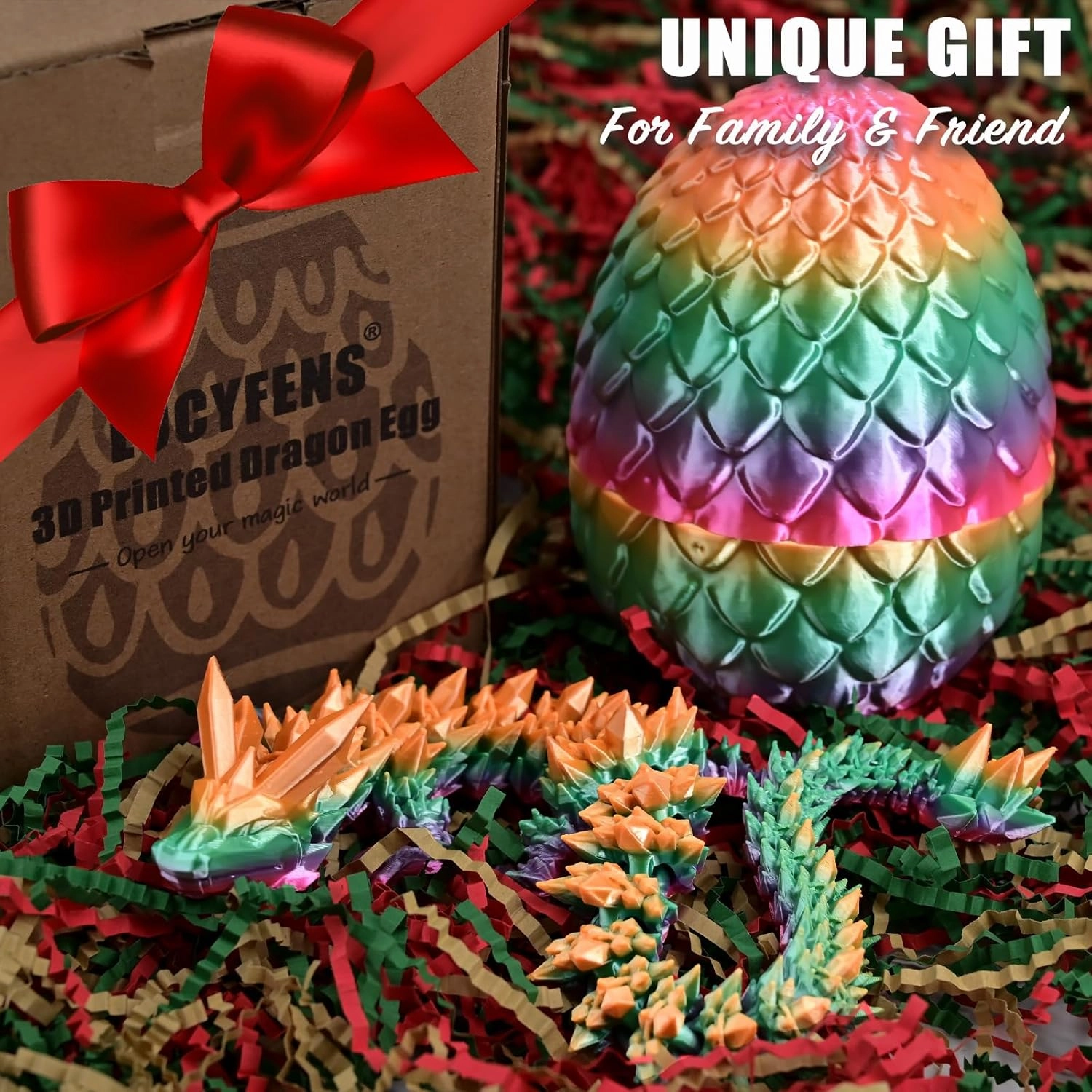 3D Printed Dragon Eggs with Dragon Inside, Rainbow Articulated 3D Dragon Toys with 3D Dragon Eggs, Crystal Dragon, Rainbow