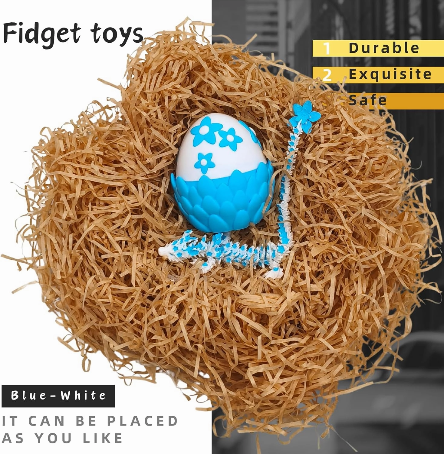 3D Printed Sakura Dragon & Dragon Egg – 11.8 Inch Realistic Articulated Dragon, Fidgeting Toys, Tabletop Decorations & Collectibles, Dragon Eggs with Dragon Inside (Blue-White)