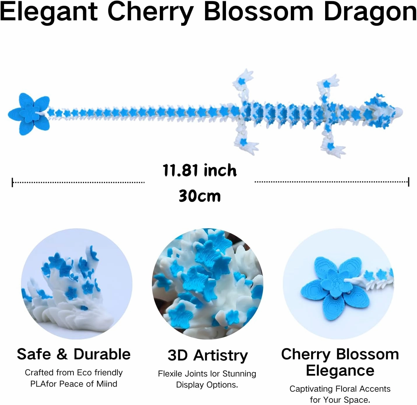 3D Printed Sakura Dragon & Dragon Egg – 11.8 Inch Realistic Articulated Dragon, Fidgeting Toys, Tabletop Decorations & Collectibles, Dragon Eggs with Dragon Inside (Blue-White)