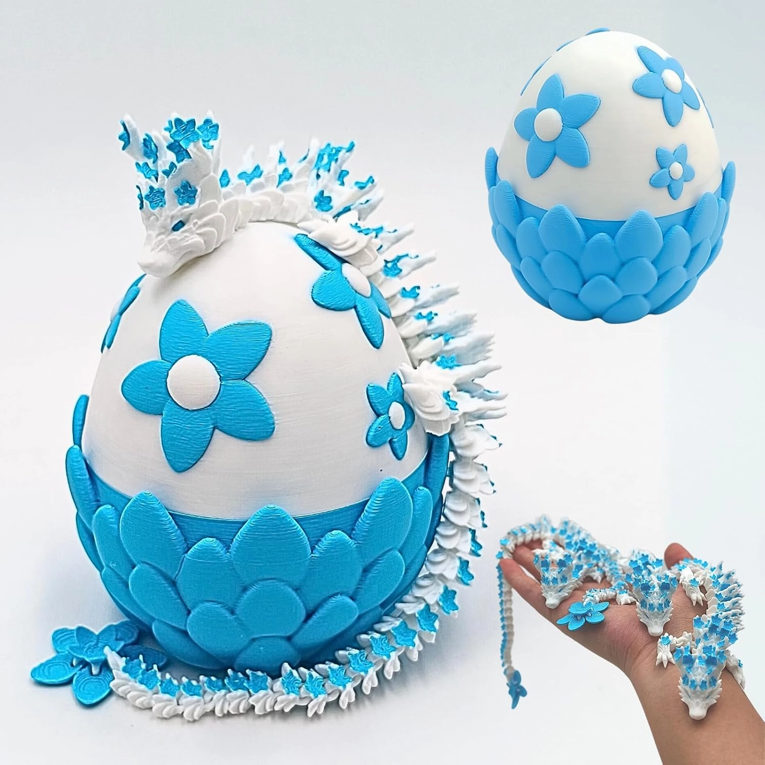 3D Printed Sakura Dragon & Dragon Egg – 11.8 Inch Realistic Articulated Dragon, Fidgeting Toys, Tabletop Decorations & Collectibles, Dragon Eggs with Dragon Inside (Blue-White)