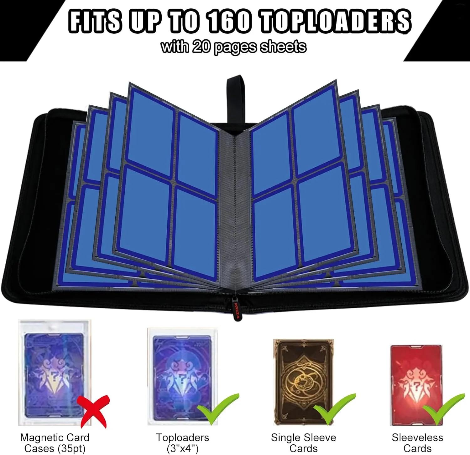 4 Pocket 160 Cards Toploader Binder,Widen The Book Spine Filled with 20 Double-Sided Pages Sleeves,Top Loader Binder Compatible with 3×4'' Trading 35pt Rigid Pokemon/Sports Cards