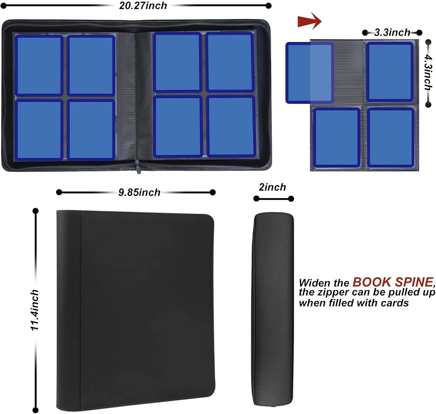 4 Pocket 160 Cards Toploader Binder,Widen The Book Spine Filled with 20 Double-Sided Pages Sleeves,Top Loader Binder Compatible with 3×4'' Trading 35pt Rigid Pokemon/Sports Cards