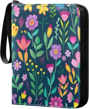 4 Pockets Trading Card Binder Colorful Floral Pattern Holds 400 Standard Cards, Waterproof TCG CCG MTG Album, Gifts for Collectors, Boys and Girls