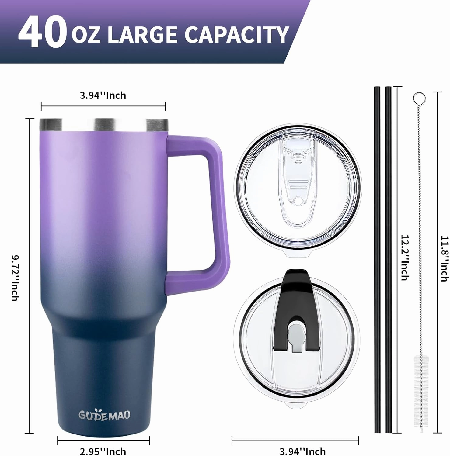 40 oz Tumbler with Handle, Insulated Tumbler with Lid and Straw, Reusable Stainless Steel Vacuum Insulated Cup, 100% Leak Proof Thermal Travel Coffee Mug Cup for Cold and Hot(Purple Navy blue)
