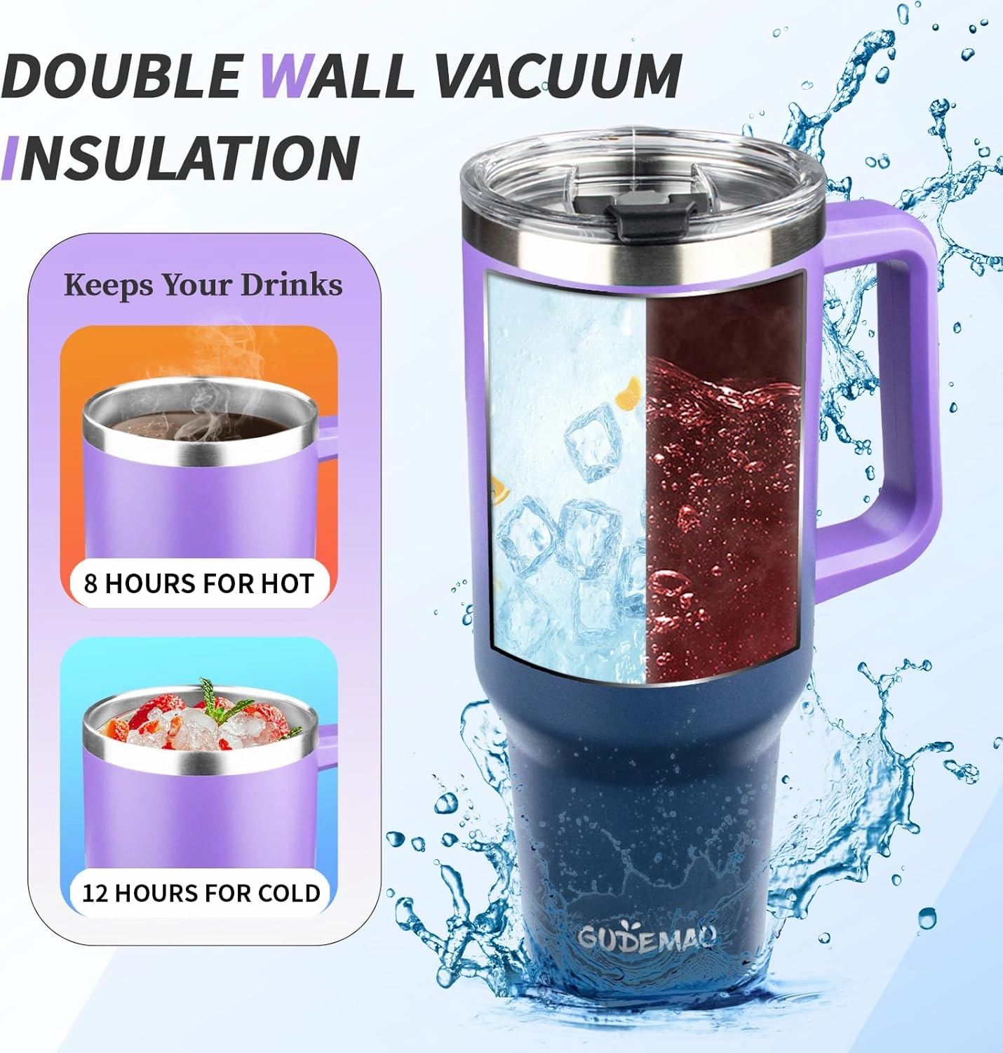 40 oz Tumbler with Handle, Insulated Tumbler with Lid and Straw, Reusable Stainless Steel Vacuum Insulated Cup, 100% Leak Proof Thermal Travel Coffee Mug Cup for Cold and Hot(Purple Navy blue)