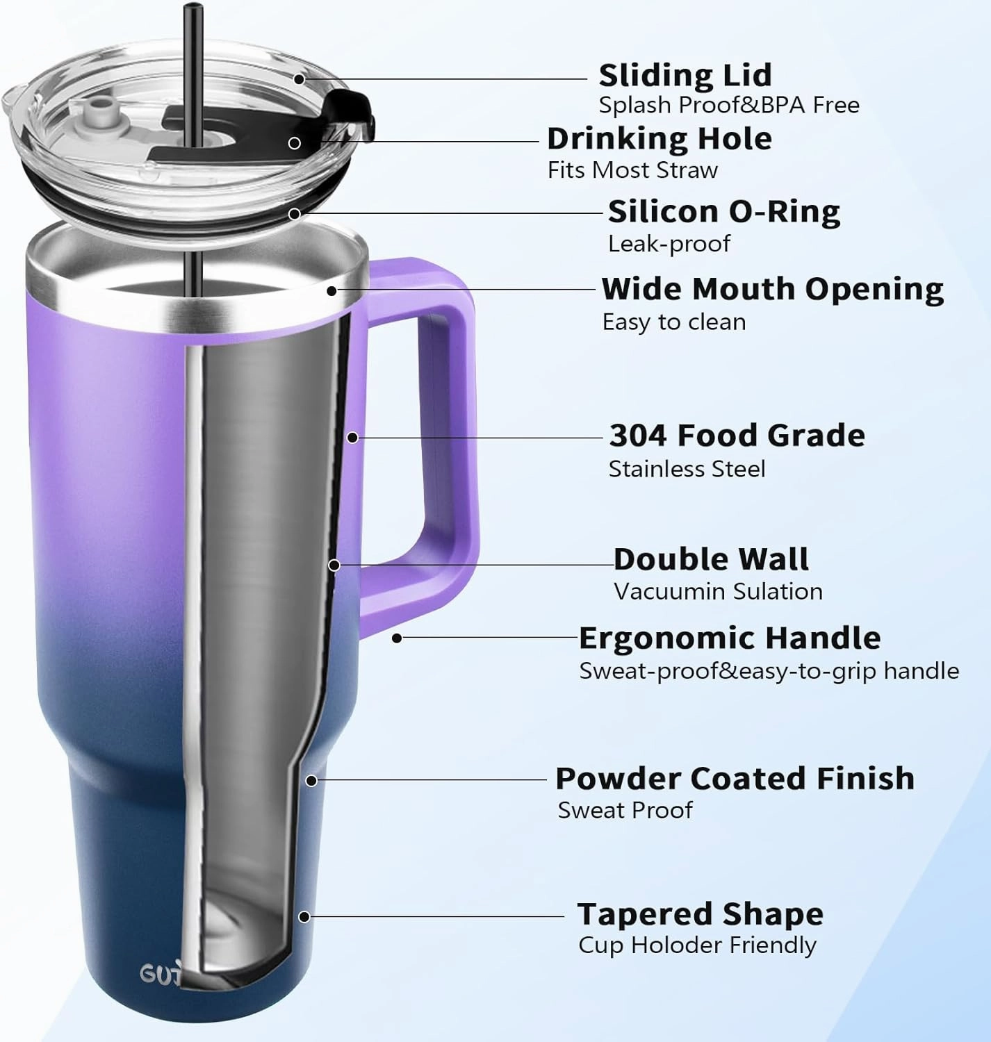 40 oz Tumbler with Handle, Insulated Tumbler with Lid and Straw, Reusable Stainless Steel Vacuum Insulated Cup, 100% Leak Proof Thermal Travel Coffee Mug Cup for Cold and Hot(Purple Navy blue)