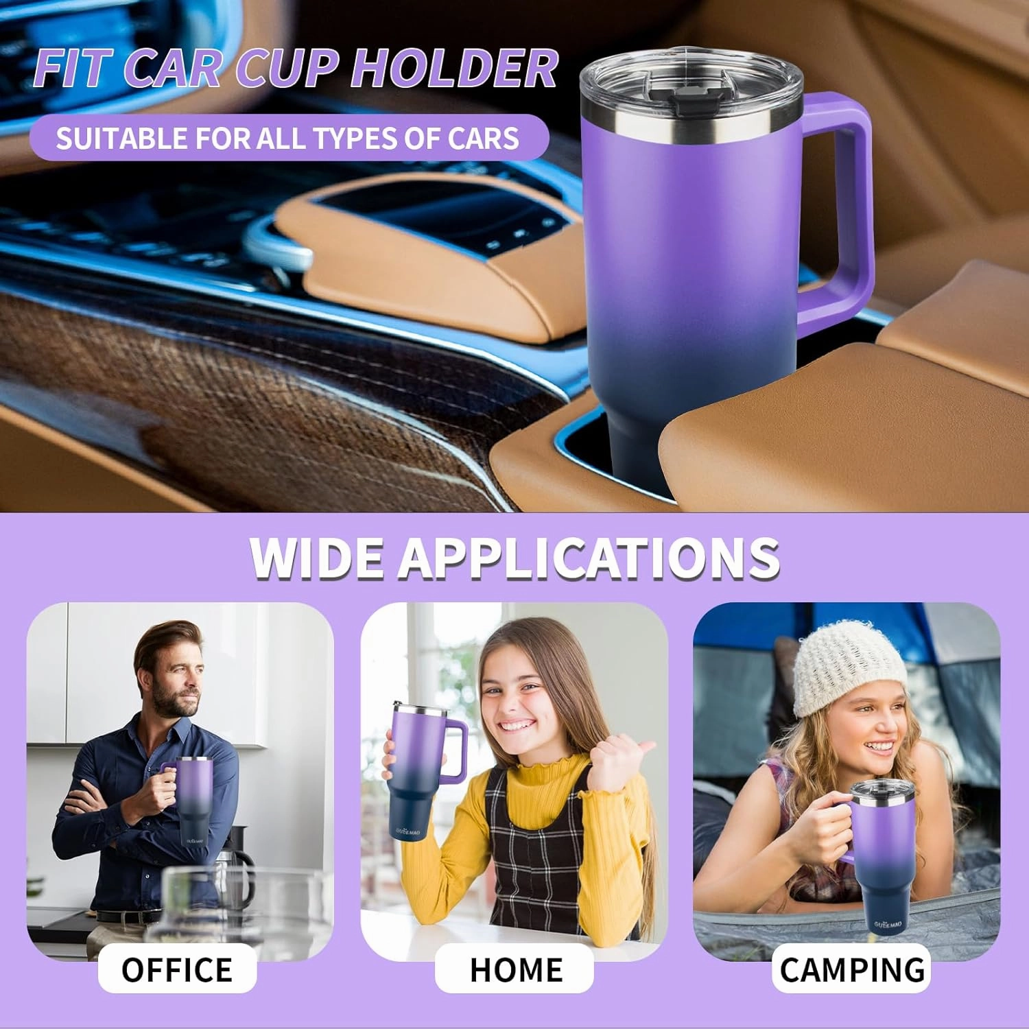 40 oz Tumbler with Handle, Insulated Tumbler with Lid and Straw, Reusable Stainless Steel Vacuum Insulated Cup, 100% Leak Proof Thermal Travel Coffee Mug Cup for Cold and Hot(Purple Navy blue)