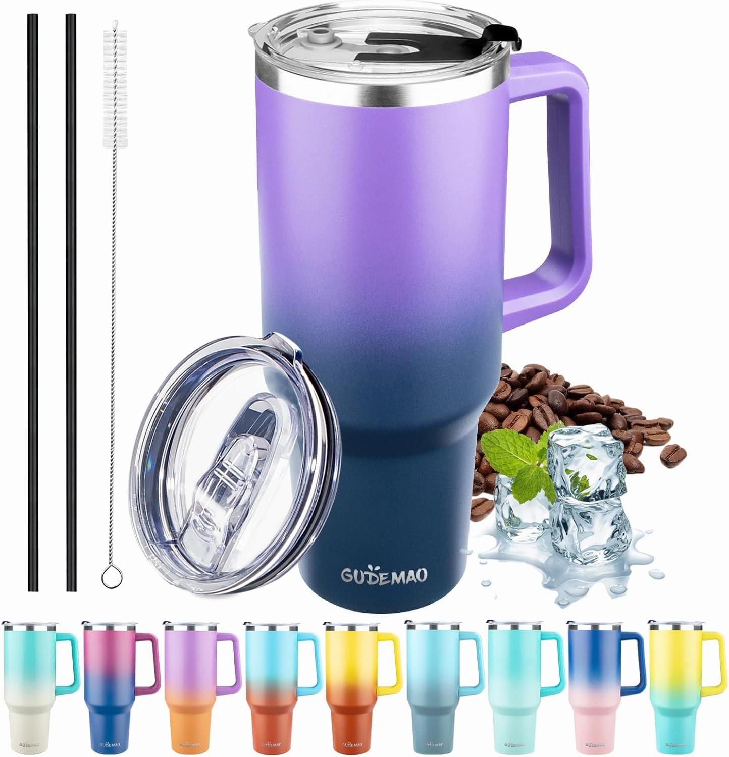 40 oz Tumbler with Handle, Insulated Tumbler with Lid and Straw, Reusable Stainless Steel Vacuum Insulated Cup, 100% Leak Proof Thermal Travel Coffee Mug Cup for Cold and Hot(Purple Navy blue)