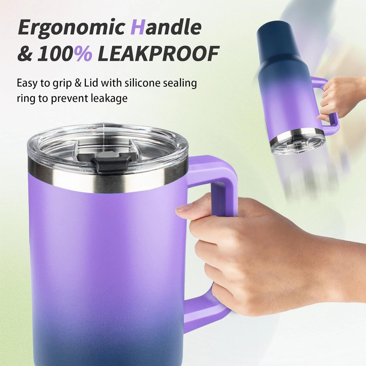 40 oz Tumbler with Handle, Insulated Tumbler with Lid and Straw, Reusable Stainless Steel Vacuum Insulated Cup, 100% Leak Proof Thermal Travel Coffee Mug Cup for Cold and Hot(Purple Navy blue)