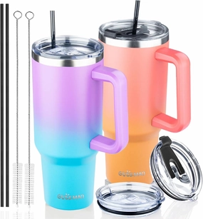 40 oz Tumbler with Handle, Insulated Tumbler with Lid and Straw, Reusable Stainless Steel Vacuum Insulated Cup, Leak Proof Thermal Travel Coffee Mug Cup for Cold and Hot (Bright Color,2Pack)