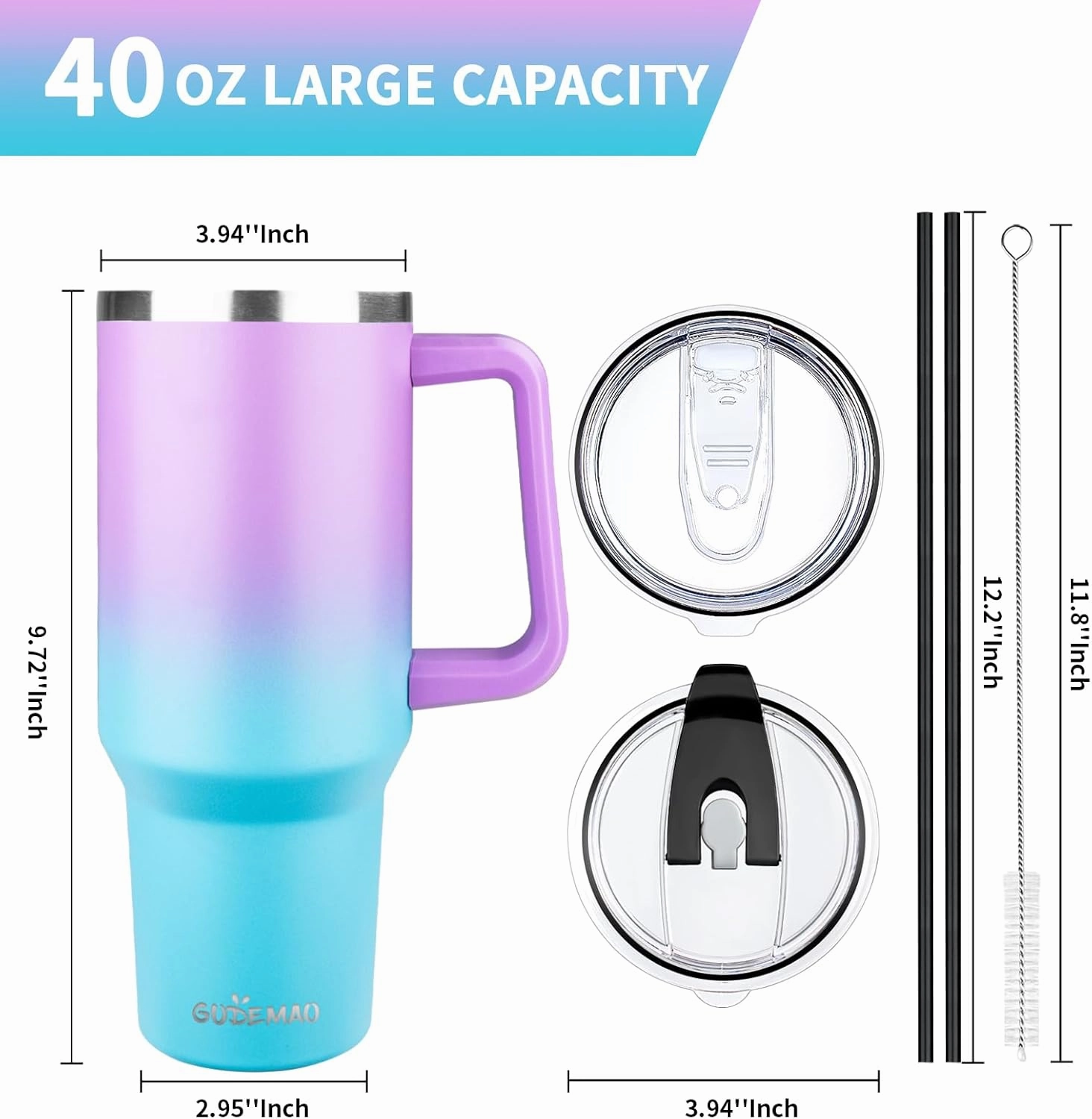 40 oz Tumbler with Handle, Insulated Tumbler with Lid and Straw, Reusable Stainless Steel Vacuum Insulated Cup, Leak Proof Thermal Travel Coffee Mug Cup for Cold and Hot (Bright Color,2Pack)