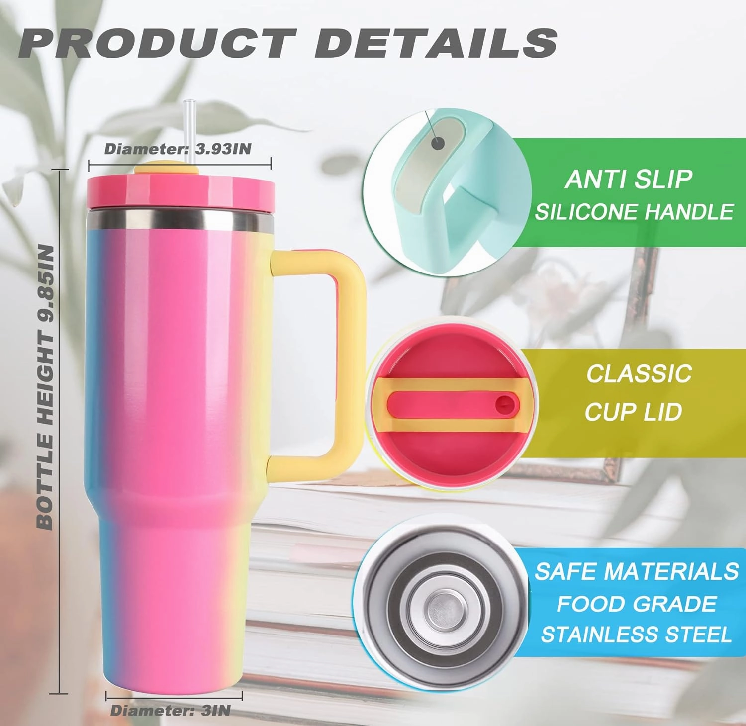 40oz Tumbler with Handle and Straw Lid,Stainless Steel Travel Mug Water Bottle Cup,Reusable Insulated Vacuum Cup (XJ-Pink)