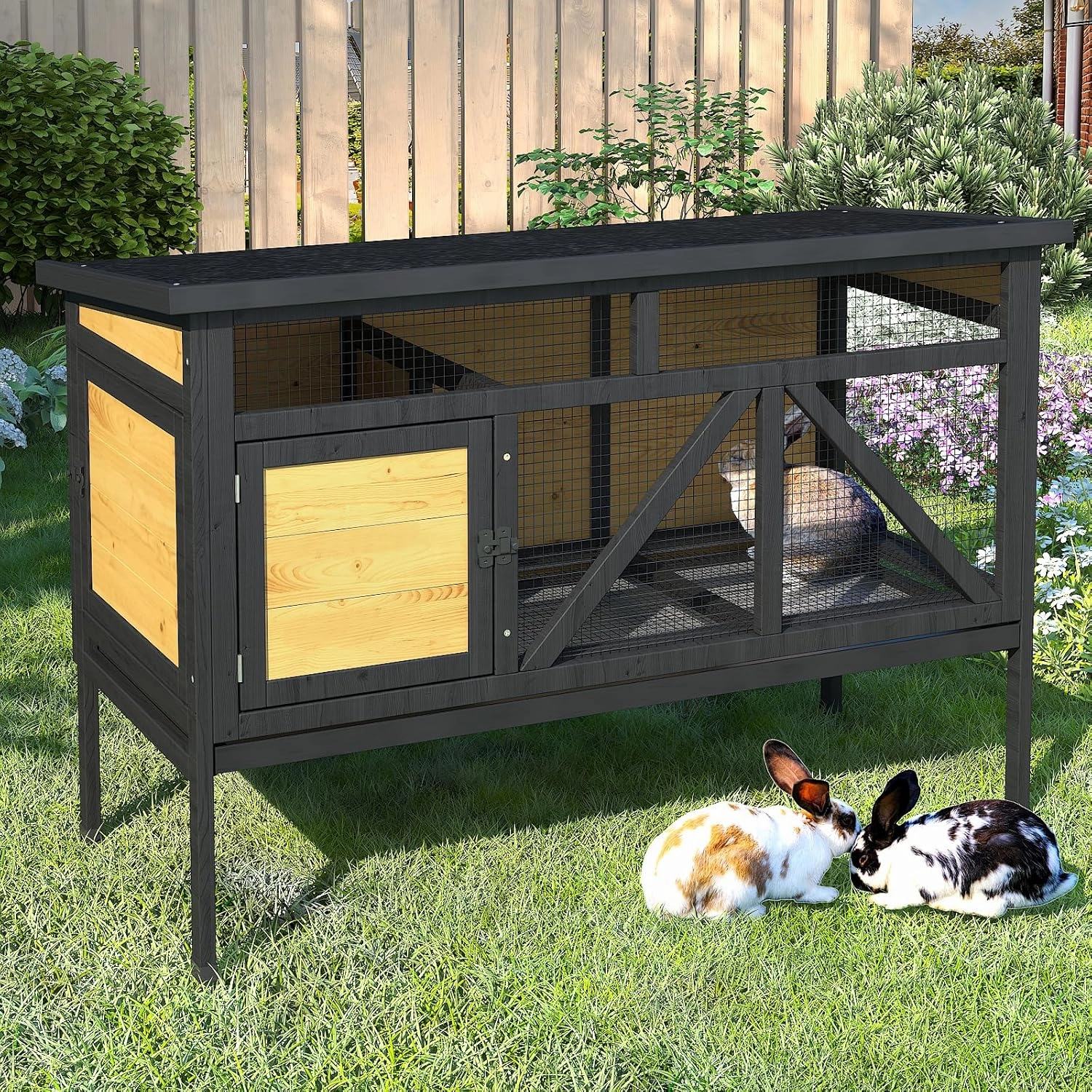 46.7" Rabbit Cage Elevated Bunny Cage Indoor, Outdoor Rabbit Hutch Hamster Cages for Small Animals, Wooden Guinea Pig Cages with Removable Tray & Waterproof Asphalt Roof & Bottom Wire Mesh