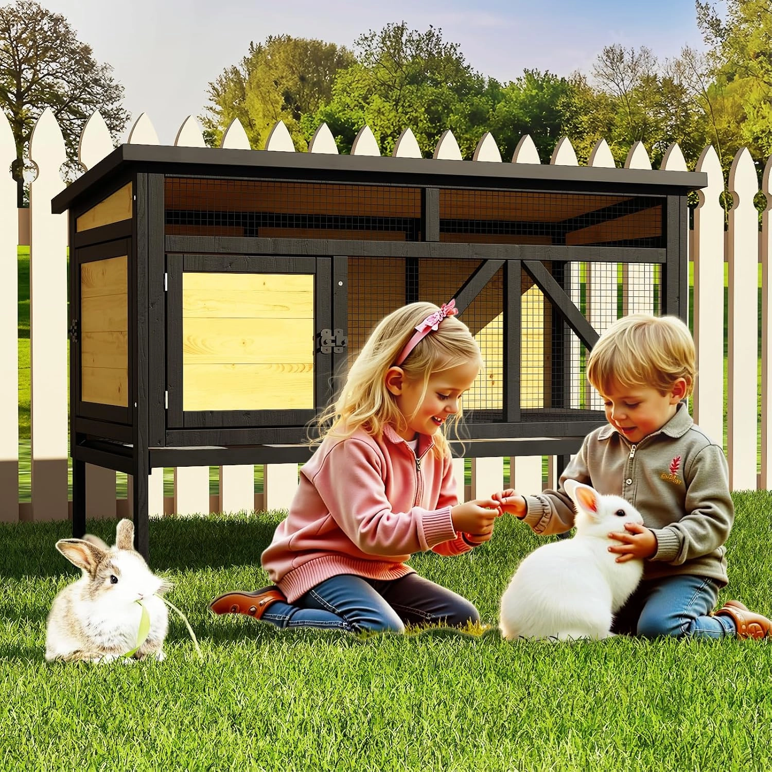 46.7" Rabbit Cage Elevated Bunny Cage Indoor, Outdoor Rabbit Hutch Hamster Cages for Small Animals, Wooden Guinea Pig Cages with Removable Tray & Waterproof Asphalt Roof & Bottom Wire Mesh