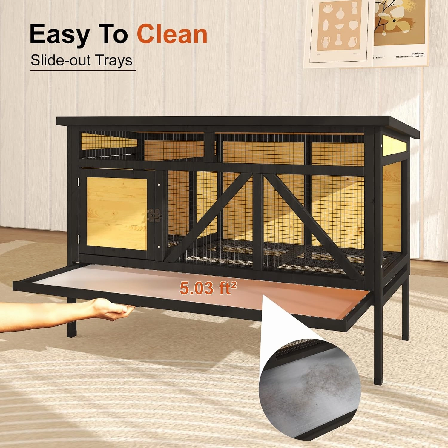 46.7" Rabbit Cage Elevated Bunny Cage Indoor, Outdoor Rabbit Hutch Hamster Cages for Small Animals, Wooden Guinea Pig Cages with Removable Tray & Waterproof Asphalt Roof & Bottom Wire Mesh