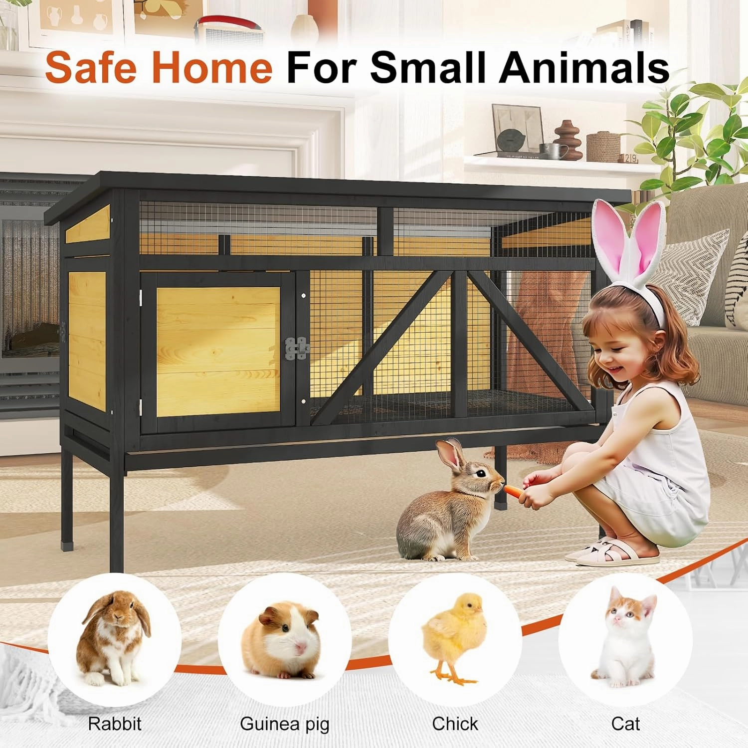 46.7" Rabbit Cage Elevated Bunny Cage Indoor, Outdoor Rabbit Hutch Hamster Cages for Small Animals, Wooden Guinea Pig Cages with Removable Tray & Waterproof Asphalt Roof & Bottom Wire Mesh