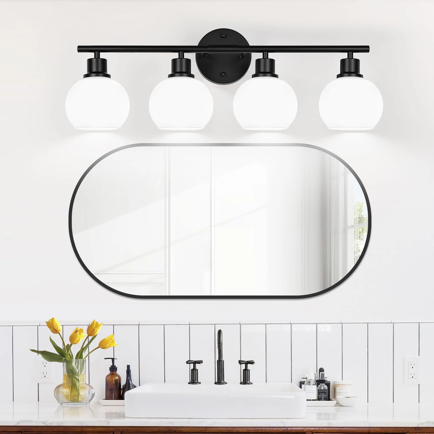 4-Light Bathroom Light Fixtures, Black Bathroom Lights Over Mirror with Milky White Frosted Glass Globe Shade, Vanity Lights for Bathroom Kitchen Living Room Hallway Cabinet Bedroom Porch