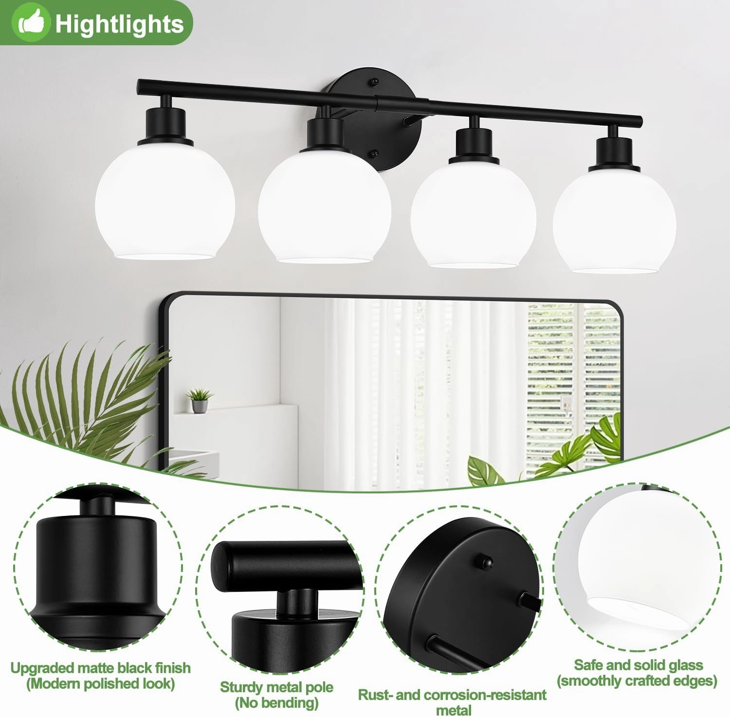 4-Light Bathroom Light Fixtures, Black Bathroom Lights Over Mirror with Milky White Frosted Glass Globe Shade, Vanity Lights for Bathroom Kitchen Living Room Hallway Cabinet Bedroom Porch