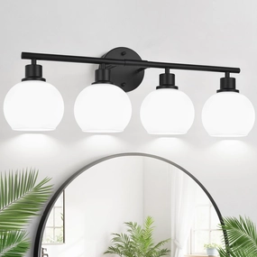 4-Light Bathroom Light Fixtures, Black Bathroom Lights Over Mirror with Milky White Frosted Glass Globe Shade, Vanity Lights for Bathroom Kitchen Living Room Hallway Cabinet Bedroom Porch