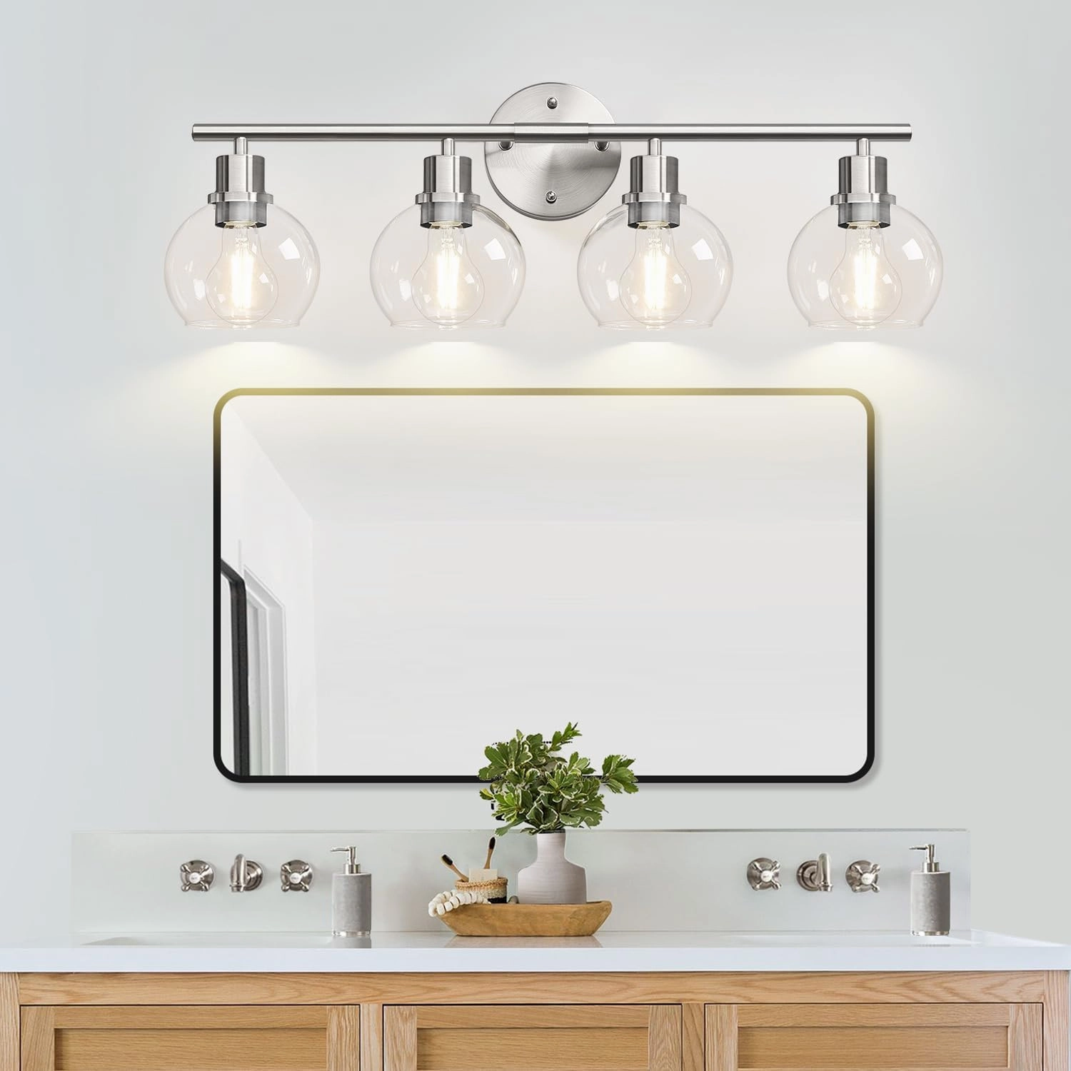 4-Light Bathroom Light Fixtures, Brushed Nickel Modern Vanity Lights Over Mirror with Clear Glass Globe Shade, Bathroom Wall Sconces for Mirror Kitchen Living Room Hallway Cabinet Bedroom Porch
