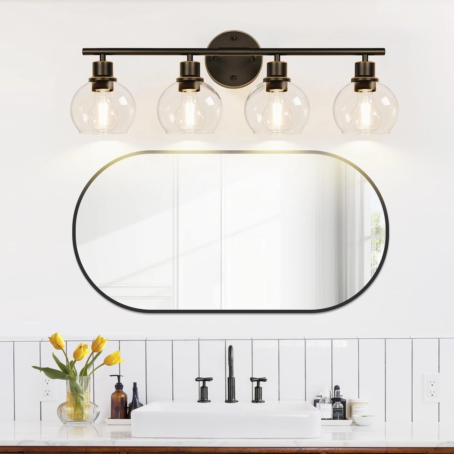 4-Light Bathroom Light Fixtures, Oil Rubbed Bronze Bathroom Lights Over Mirror with Clear Glass Globe Shade, Vanity Lights for Bathroom Kitchen Living Room Hallway Cabinet Bedroom Porch