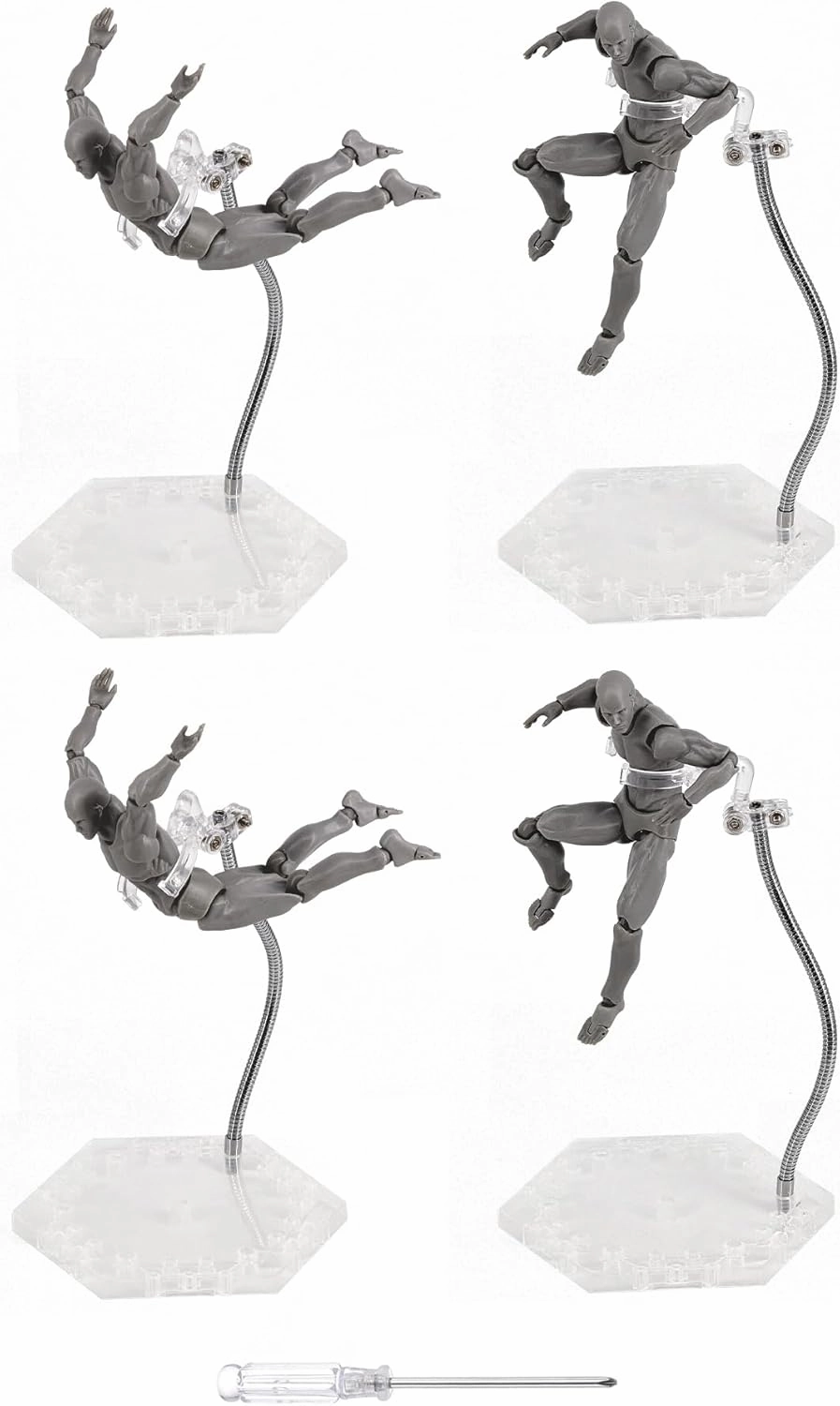 4 Pack Action Figure Stand with Flexible Metal Arm,Action Figure Pose Display Holder Base,Flight Stands for Action Figures Compatible with HG RG SD SHF Gundam 1/144 Toy with Screwdriver (4Pcs Clear)