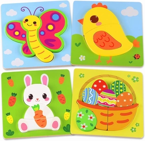 4 Pack Wooden Puzzles Toddler Toys, Easter Basket Stuffers for Toddler, Easter Gifts for Babies Boys Girls, Montessori Toys for 1 2 3 Year Old Baby, Educational Wood Animal Chunky Puzzles