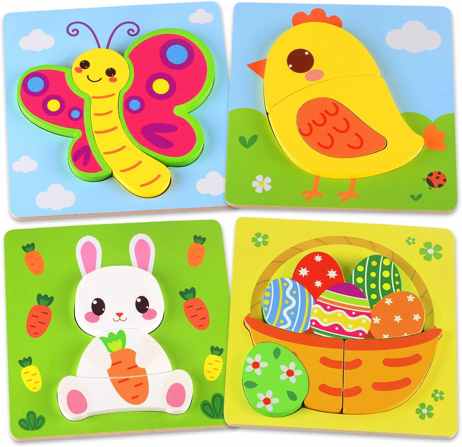 4 Pack Wooden Puzzles Toddler Toys, Easter Basket Stuffers for Toddler, Easter Gifts for Babies Boys Girls, Montessori Toys for 1 2 3 Year Old Baby, Educational Wood Animal Chunky Puzzles