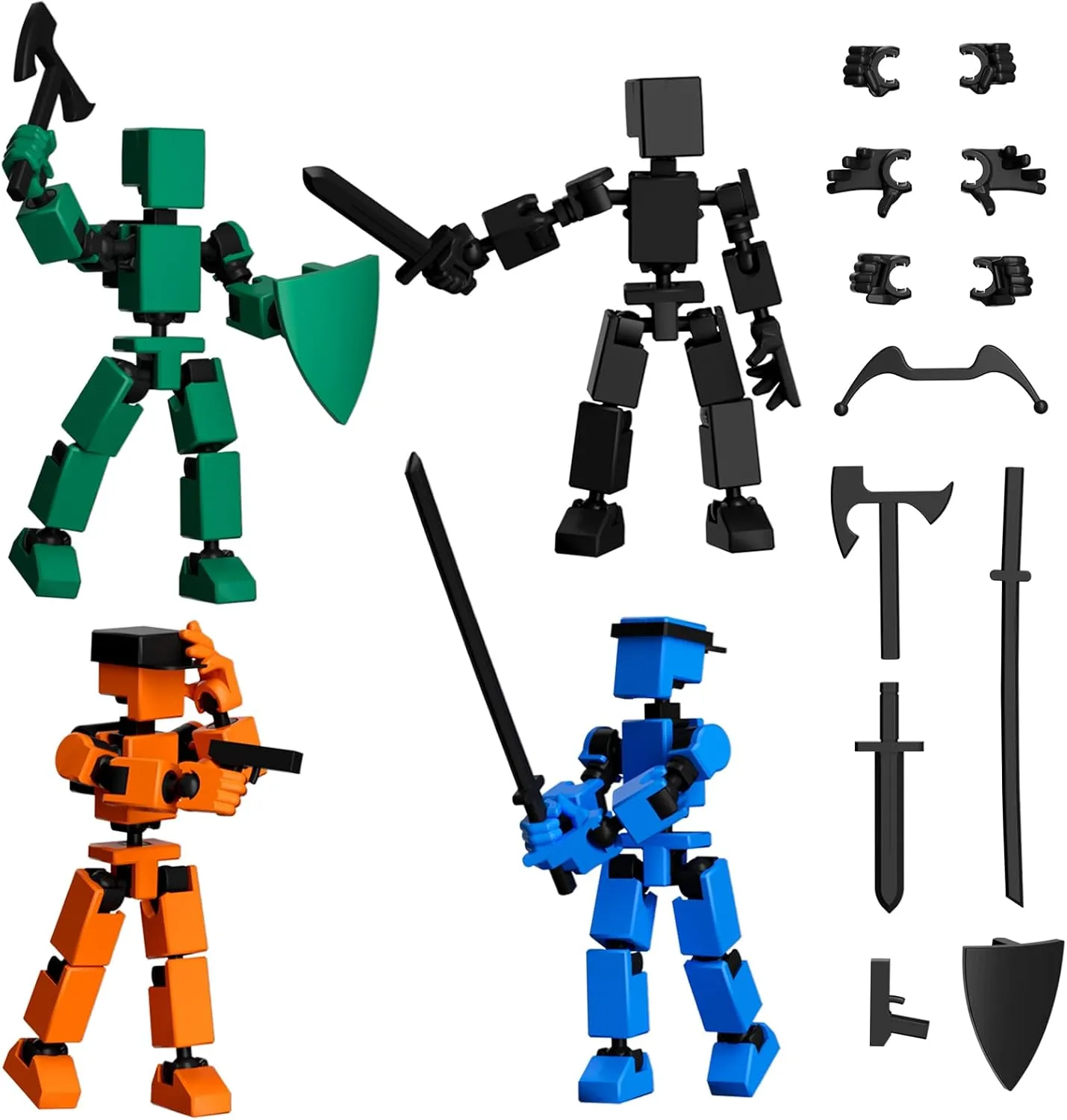 4PCS Mini Titan T-13 Action Figures Set, Assembly Completed Luck Dummy Robot 13 Action Figure Toys for Boys Stick Figures with Multi Joints Movable Fidget Gifts for Kids(Black Orange Green Blue)