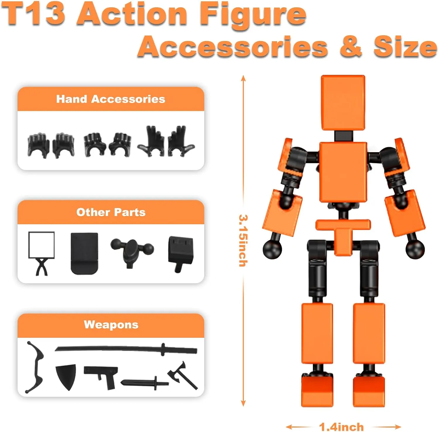 4PCS Mini Titan T-13 Action Figures Set, Assembly Completed Luck Dummy Robot 13 Action Figure Toys for Boys Stick Figures with Multi Joints Movable Fidget Gifts for Kids(Black Orange Green Blue)