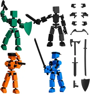 4PCS Mini Titan T-13 Action Figures Set, Assembly Completed Luck Dummy Robot 13 Action Figure Toys for Boys Stick Figures with Multi Joints Movable Fidget Gifts for Kids(Black Orange Green Blue)